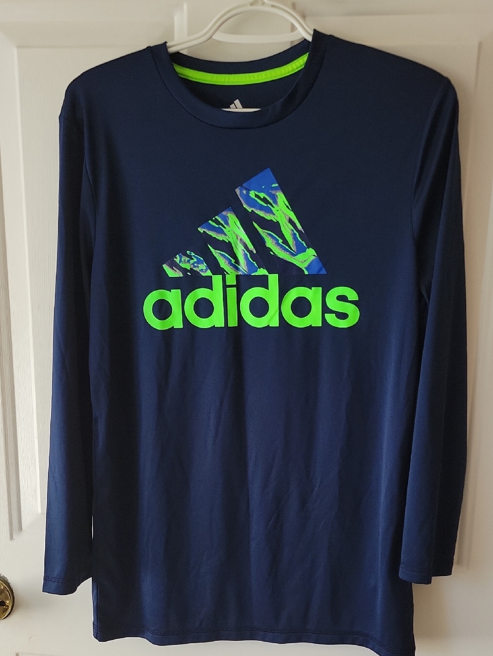 adidas Navy Long Sleeve Tee with Neon Green Logo